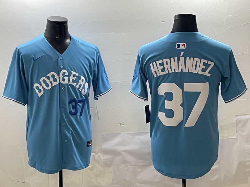 Men Los Angeles Dodgers 37 Hernandez Light Blue Joint Name 2025 Nike MLB Jersey style 20